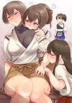  akagi_(kantai_collection) bifidus biting blank_eyes blush breasts brown_eyes brown_hair heart hyuuga_(kantai_collection) ise_(kantai_collection) japanese_clothes kaga_(kantai_collection) kantai_collection large_breasts licking long_hair multiple_girls muneate ponytail saliva short_hair side_ponytail skirt smile thick_thighs thighs wavy_mouth yuri 