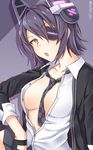  :o artist_name between_breasts black_jacket breasts buttons checkered checkered_neckwear cleavage collarbone dress_shirt eyepatch headgear jacket kanden_suki kantai_collection large_breasts long_sleeves necktie necktie_between_breasts open_clothes open_mouth open_shirt purple_background purple_hair shirt short_hair solo tenryuu_(kantai_collection) text_focus twitter_username underboob yellow_eyes 