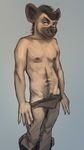  anthro claws hair hyena looking_at_viewer male mammal navel plain_background pubes sketch smile solo tacklebox topless undressing 