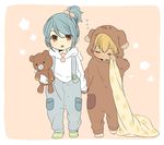  androgynous bad_id bad_pixiv_id blonde_hair blue_hair brown_eyes closed_eyes holding_hands inazuma_eleven inazuma_eleven_(series) kazemaru_ichirouta long_hair male_focus miyasaka_ryou multiple_boys open_mouth overalls ponytail socks stuffed_animal stuffed_toy teddy_bear tomo_(sjim) younger 