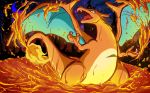  absurdres cameo charizard charmeleon charmeleon_(cameo) creatures_(company) dragon feet_out_of_frame fiery_tail fire flame game_freak gen_1_pokemon highres molten_rock neartarc night night_sky nintendo pokemon pokemon_(creature) profile signature sky solo standing tail watermark web_address wings 