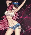  armpits blue_eyes breasts cleavage collar contrapposto cuffs cutoffs denim denim_shorts final_fight grin handcuffs hat highres large_breasts lipstick long_hair makeup midriff navel open_fly peaked_cap phantomjac pink_hair poison_(final_fight) riding_crop shorts slender_waist smile solo standing strap_gap tank_top unzipped very_long_hair watermark web_address 