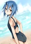  ass bad_id bad_pixiv_id blue_eyes blue_hair competition_swimsuit from_behind heterochromia highres horns io_(pso2) kurebayashi_noe looking_back one-piece_swimsuit phantasy_star phantasy_star_online_2 short_hair swimsuit yellow_eyes 