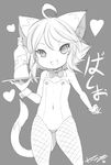  :3 :d animal_ears born-to-die bottle bow bowtie cat_ears covered_navel fangs fishnet_pantyhose fishnets greyscale highres leotard monochrome open_mouth original pantyhose short_hair smile solo tail tray wrist_cuffs 