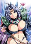  :p ahoge armor bikini_armor blue_eyes breasts bursting_breasts cape circlet gloves hand_on_hip heart highres large_breasts naga_the_serpent pauldrons purple_hair short_hair skull slayers solo tongue tongue_out tsuki_wani v 