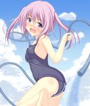  bangs bare_arms bare_shoulders between_breasts blurry blush breasts cloud day depth_of_field eyebrows_visible_through_hair full-face_blush hair_between_eyes highres hose leg_up long_hair looking_at_viewer minatsuki_nao one-piece_swimsuit open_mouth original outdoors purple_eyes purple_hair school_swimsuit short_twintails sky small_breasts solo swimsuit tears twintails water wavy_mouth 