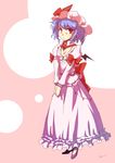  bat_wings blue_hair bow dress flat_chest futatsuki_hisame hat red_eyes remilia_scarlet short_hair solo touhou v_arms wings 
