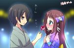  1girl bad_id bad_pixiv_id black_hair blue_eyes blush brown_eyes brown_hair candy_apple food hair_ornament hairclip hazuki_(nukisasi) japanese_clothes kihara_tsumugu kimono long_hair mukaido_manaka nagi_no_asukara short_hair yukata 