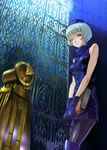  bare_shoulders book dress elevator elizabeth_(persona) gloves hat highres makacoon pantyhose persona persona_3 short_dress short_hair silver_hair sleeveless sleeveless_turtleneck smile solo turtleneck velvet_room yellow_eyes 