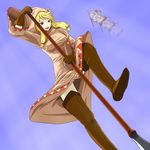  blonde_hair boots final_fantasy final_fantasy_tactics final_fantasy_tactics:_hakuma_doushi_shibari gloves habusi highres hood jumping long_hair polearm red_eyes robe spear thigh_boots thighhighs weapon white_mage white_mage_(fft) 