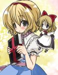  alice_margatroid blonde_hair blush book bow grey_eyes hair_bow hairband rikaon shanghai_doll short_hair solo touhou 