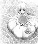 bad_id bad_pixiv_id bouquet flower foreshortening greyscale highres kohinore long_hair monochrome original solo 