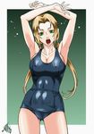  agasan armpits arms_up ass_visible_through_thighs bare_arms bare_shoulders blonde_hair border breasts cleavage colorized covered_nipples cowboy_shot d: green_background green_eyes huge_breasts long_hair looking_at_viewer low_twintails naruto naruto_(series) old_school_swimsuit open_mouth outside_border pierre_norano school_swimsuit sideboob simple_background skin_tight solo standing swimsuit third-party_edit tsunade twintails very_long_hair white_border 