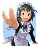  :d arashiyama_hotori black_hair bowieknife foreshortening hands maid open_mouth outstretched_hand ribbon salute short_hair smile solo soredemo_machi_wa_mawatteiru vulcan_salute 