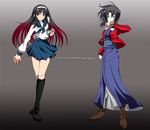  bad_id bad_pixiv_id crossover jacket kara_no_kyoukai knife long_hair melty_blood multiple_girls red_jacket reverse_grip ryougi_shiki school_uniform serafuku toono_akiha tsukihime type-moon yukiomi_haku 