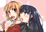  ako_(so_crazy!?) bangs black_hair blonde_hair blunt_bangs chopsticks eating furude_rika hairband higurashi_no_naku_koro_ni houjou_satoko long_hair lowres multiple_girls open_mouth short_hair 