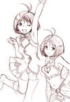  ;d antenna_hair arm_up armpits cool_&amp;_sexy_(idolmaster) cute_&amp;_girly_(idolmaster) hidaka_ai idolmaster idolmaster_dearly_stars midriff monochrome navel nekomata_naomi one_eye_closed open_mouth purple sketch smile standing standing_on_one_leg 