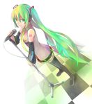  bad_id bad_pixiv_id checkered checkered_floor detached_sleeves dutch_angle from_above green_eyes green_hair green_nails hatsune_miku headphones headset legs long_hair looking_at_viewer microphone microphone_stand nail_polish necktie nnyu perspective simple_background skirt smile solo thighhighs twintails vocaloid zettai_ryouiki 