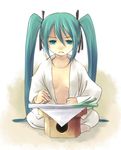  aqua_eyes aqua_hair frown hatsune_miku japanese_clothes long_hair okotan_(dewdrops) open_clothes open_shirt parody seppuku shirt spring_onion suicide vocaloid 