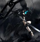  bikini_top black_hair black_rock_shooter black_rock_shooter_(character) blue_eyes boots burning_eye chain coat gloves gun katana long_hair makie_fujiyuki midriff solo sword twintails weapon 