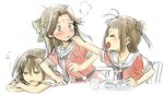  blush brown_eyes brown_hair closed_eyes feeding jintsuu_(kantai_collection) kantai_collection mori_(unknown.) multiple_girls naka_(kantai_collection) nerunerunerune open_mouth school_uniform sendai_(kantai_collection) short_hair sleepy smile two_side_up younger 