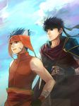  animal_ears blue_eyes blue_hair cape fire_emblem fire_emblem:_akatsuki_no_megami gloves headband heterochromia ike kaito_(sawayakasawaday) male_focus multiple_boys ranulf smile 