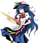  atoshi blue_hair food fruit hat hinanawi_tenshi long_hair peach red_eyes ribbon solo sword sword_of_hisou touhou weapon 