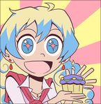  1girl :d bad_source candle captainosaka cloud_hair cupcake double_k earrings food jewelry long_hair lowres multicolored_hair nia_teppelin open_mouth smile solo tengen_toppa_gurren_lagann 