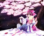  alcohol barefoot blonde_hair blush brown_hair cherry_blossoms cup feet hakurei_reimu kirisame_marisa multiple_girls petals sakazuki sake soles takatsukasa_yue toes touhou tree 