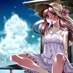  blush cloud copyright_request day dress food green_eyes hat long_hair makuro melting mouth_hold pink_hair popsicle skirt sky sleeveless solo straw_hat summer sundress white_skirt 