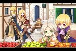  2boys 3girls absurdres apple armor bad_id bad_pixiv_id blonde_hair blush cat eating fantasy food fruit highres long_hair multiple_boys multiple_girls original short_hair sword weapon 