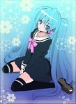  aqua_eyes aqua_hair hatsune_miku long_hair school_uniform serafuku sitting solo thighhighs twintails very_long_hair vocaloid wariza xxsaakoxx 