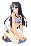  akiyama_mio bikini black_eyes black_hair k-on! kneeling long_hair looking_back shoe_dangle shoes solo striped striped_bikini swimsuit yunii 