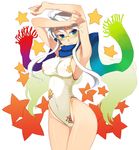  armpits arms_up bad_id bad_pixiv_id blue_eyes breasts contrapposto covered_nipples glasses kusanagi_tonbo large_breasts light_smile long_hair looking_at_viewer one-piece_swimsuit original scarf sideboob solo standing star swimsuit white_hair 