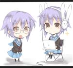  animal_ears bunny_ears bunny_headphones cardigan chibi computer glasses headphones kita_high_school_uniform laptop multiple_views nagato_yuki purple_hair sasaki_kouhei school_uniform serafuku short_hair suzumiya_haruhi-chan_no_yuuutsu suzumiya_haruhi_no_yuuutsu sweatdrop 