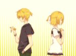  1girl alternate_hairstyle back-to-back bad_id bad_pixiv_id blonde_hair casual cellphone hand_in_pocket kagamine_len kagamine_rin oharu phone ponytail profile renraku_mada?_(vocaloid) short_hair striped striped_background tears vocaloid 
