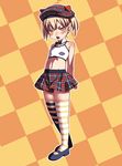  blonde_hair bow bowtie brown_eyes checkered checkered_background hat marui_mitsuba midriff mismatched_legwear mitsudomoe navel plaid plaid_hat plaid_skirt shoes short_hair short_twintails skindentation skirt solo striped striped_legwear tank_top tasaka_shinnosuke thighhighs twintails zettai_ryouiki 