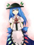  bad_id bad_pixiv_id blue_hair blush food fruit hat heart heart_hands hinanawi_tenshi long_hair peach red_eyes reon_(saikyou) ribbon solo touhou 