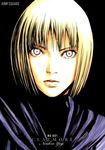  black_background blonde_hair clare_(claymore) claymore coat crazy_eyes expressionless lips parted_lips scan short_hair silver_eyes simple_background solo upper_body yagi_norihiro 