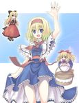  :d alice_margatroid arm_up basket betanya blonde_hair blue_eyes breasts capelet cowboy_shot doll dress flying_sweatdrops hairband hourai_doll jewelry large_breasts looking_at_viewer open_mouth shanghai_doll short_hair skirt_hold smile solo touhou waving 