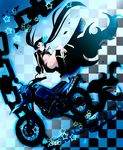  bad_id bad_pixiv_id belt bikini_top black_hair black_rock_shooter black_rock_shooter_(character) blue_eyes boots burning_eye chain chikuwa_emil coat flat_chest ground_vehicle long_hair midriff motor_vehicle motorcycle navel scar solo twintails 