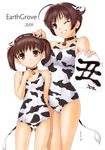  2girls animal_ears animal_print bell brown_eyes brown_hair child copyright_request cow_bell cow_ears cow_print cow_tail grin multiple_girls new_year one-piece_swimsuit one_eye_closed school_swimsuit short_hair smile swimsuit tail tsuchinoto twintails white_school_swimsuit white_swimsuit 