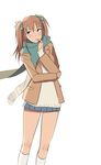  brown_hair kneehighs koutarou_(farthest) miniskirt original scarf skirt socks solo thinking twintails 