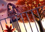  autumn blazer blue_eyes blush jacket leaf long_hair necktie original pantyhose purple_hair railing school_uniform skirt solo tanuki_(sunagoryuuta) tree 