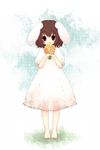  1st-mn animal_ears barefoot bouquet brown_eyes brown_hair bunny_ears child dress feet flower inaba_tewi solo touhou 