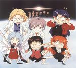  6+boys akagi_ritsuko aoba_shigeru artist_request ayanami_rei blonde_hair brown_hair cheek_pinching chibi ear_pull fuyutsuki_kouzou highres hyuuga_makoto ibuki_maya ikari_gendou ikari_shinji kaji_ryouji katsuragi_misato labcoat mole mole_under_eye multiple_boys multiple_girls nagisa_kaworu neon_genesis_evangelion pantyhose pinching purple_hair scan short_hair souryuu_asuka_langley uniform wings 