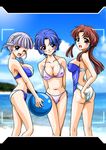  ass bikini blue_eyes blue_hair braid breasts brown_eyes brown_hair day kusuha_mizuha large_breasts long_hair majin_go! minaki_tomine multiple_girls one-piece_swimsuit one_eye_closed purple_hair seolla_schweizer short_hair super_robot_wars swimsuit viewfinder 