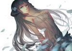  bare_shoulders black_hair dress dutch_angle flower ghostas green_eyes hair_flower hair_ornament hand_on_own_chest highres horns long_hair looking_at_viewer original petals solo strapless strapless_dress very_long_hair white_background 