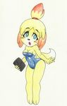  animal_crossing blue_eyes breasts canine cleavage clipboard clothed clothing dog female fur isabelle_(animal_crossing) looking_at_viewer mammal nintendo swimsuit terdburgler video_games yellow_fur 