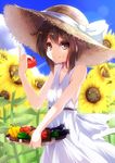  bare_shoulders bell_pepper brown_eyes brown_hair day dress eating eggplant field flower flower_field hat highres natsuki_teru original pepper short_hair solo straw_hat sun_hat sundress sunflower tomato 